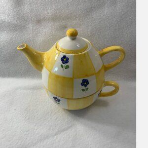 Barrarte Portugal Ceramic Tea-for-One Set Stacking Teapot & Mug Yellow Flowers